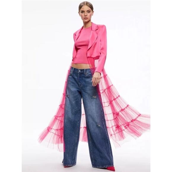 $795 ALICE + OLIVIA EVERLY TULLE Long BLAZER Candy Pink SIZE M Resort Wedding - Picture 1 of 16